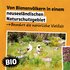 Arrangement mit Südseemyrte und Foto von Imkern auf orangem Hintergrund mit dem Schriftzug: "Von Bienenvölkern in einem neuseeländischen Naturschutzgebiet - bewahrt die natürliche Vielfalt".